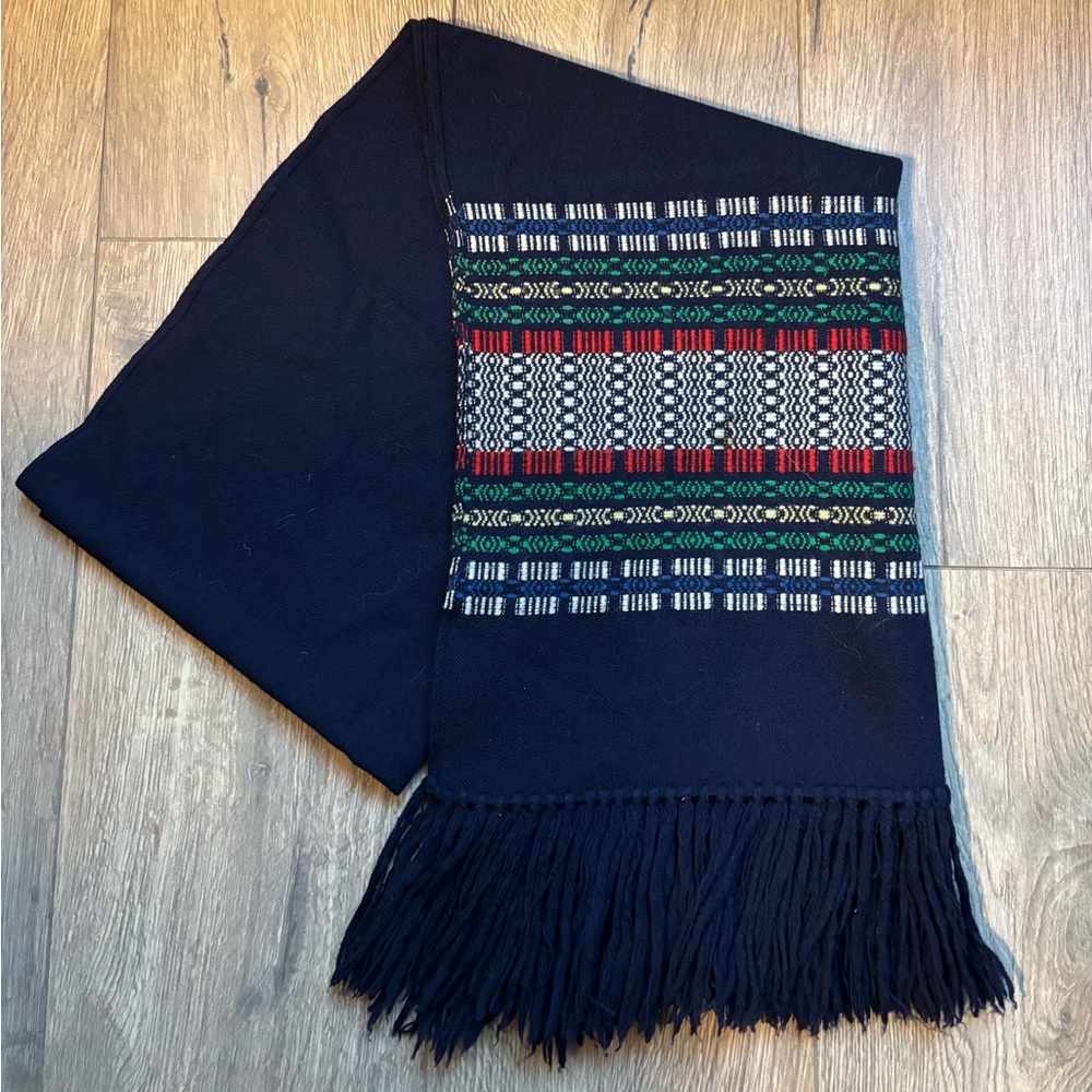Wool Navy Patterned Scarf Wrap Handmade Fringe Cozy Winter Hygge Oversized - Picture 2 of 8